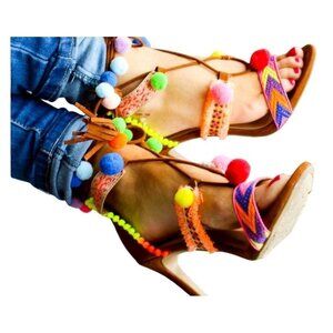 Anne Michelle Colorful Pom Pom Size 9 Embellished Tie-Up Heels